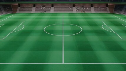 A 3D render of a textured soccer game field at the center, midfield. The field has a smooth green surface with white lines marking the boundaries. The background contains stadium seats with a few peop