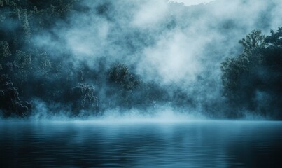 Fototapeta premium Misty forest lake at dawn with calm water and dense fog