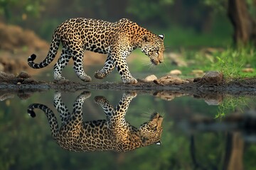 Obraz premium Indian wild male leopard or panther walking with reflection at waterhole during monsoon green season outdoor wildlife safari at jhalana leopard reserve jaipur rajasthan india -generative ai