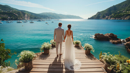 Bride and groom standing on a wooden pier overlooking the ocean at a tropical destination wedding