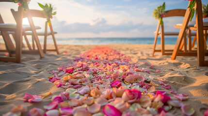 Romantic beach wedding setup with rose petals and ocean backdrop