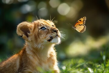 Lion cub surprisingly watching butterfly --ar 3:2 --v 6.1 Job ID: 81fe3346-5d15-4adf-9ba5-6ac84ccdac09