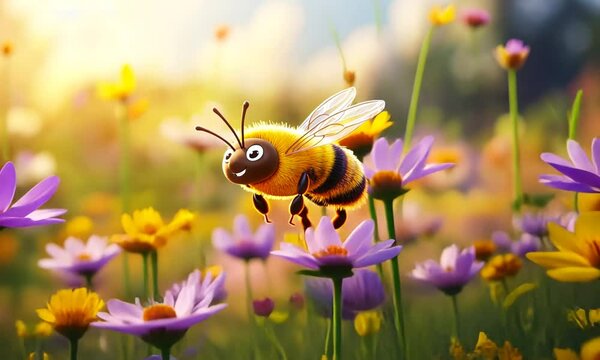 cute bee flying on flower