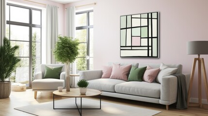 Fototapeta premium Minimalist composition of geometric lines in soft pastel colors pink, mint, and lavender tones