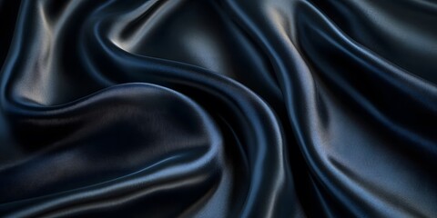 Fototapeta premium Luxurious black silk fabric elegantly drapes in folds, exhibiting a smooth, glossy texture. The close-up studio-lit photograph captures the fabric's deep ebony sheen and sensual elegance.