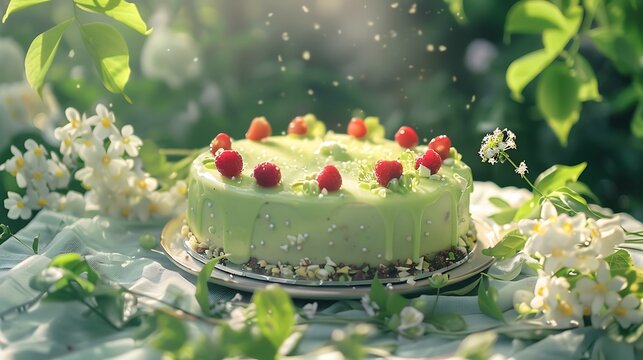 sweet green cake on the table woodtree and fod in light of sun