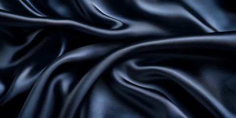 Obraz premium Luxurious black silk fabric elegantly drapes in folds, exhibiting a smooth, glossy texture. The close-up studio-lit photograph captures the fabric's deep ebony sheen and sensual elegance.