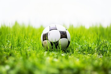 Soccer ball amidst fresh green grass on a crisp white background for stunning contrast