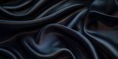 Obraz premium Luxurious black silk fabric elegantly drapes in folds, exhibiting a smooth, glossy texture. The close-up studio-lit photograph captures the fabric's deep ebony sheen and sensual elegance.