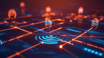Wireless communication concept with a glowing digital wave and interconnected devices, symbolizing seamless data transfer.