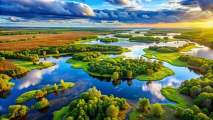 Obraz premium Aerial View of Lush Wetland Ecosystem with Vibrant Vegetation and Serene Water Bodies Below