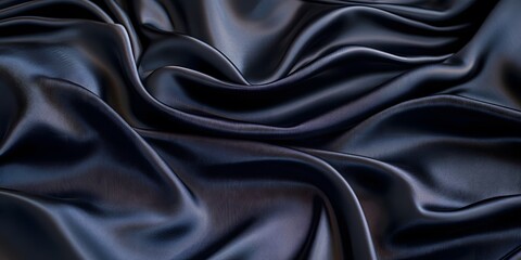 Obraz premium Luxurious black silk fabric elegantly drapes in folds, exhibiting a smooth, glossy texture. The close-up studio-lit photograph captures the fabric's deep ebony sheen and sensual elegance.