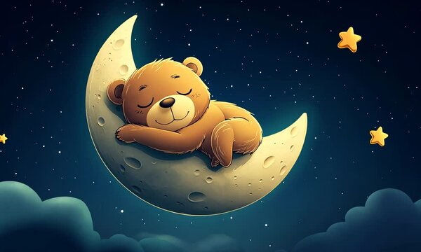 cute bear sleeping and dreaming on moon.