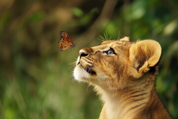 Lion cub surprisingly watching butterfly --ar 3:2 --v 6.1 Job ID: 628dd22f-2c6a-4600-9dd9-bcc214e096d1