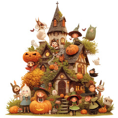 Fototapeta premium A whimsical Halloween scene featuring a charming haunted house, pumpkins, playful creatures, and cheerful characters, all set against a dark background.