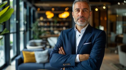 Senior executive in a stylish corporate environment, navy blue suit