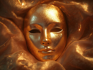 A gold mask with a gold face is on a gold cloth 