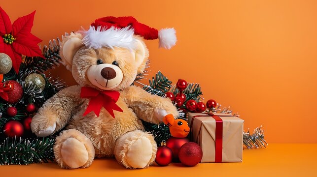 Teddy bear santa with christmas toys and gifts on orange background - Powered by Adobe