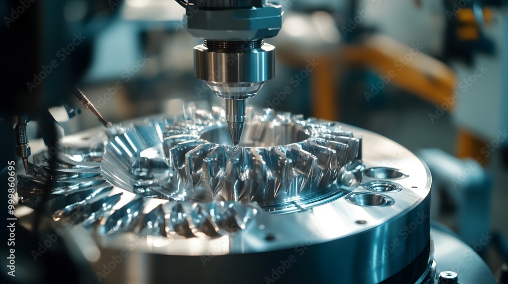 Poster a machine is cutting a metal object. the object is a large, circular piece of metal. the machine is 