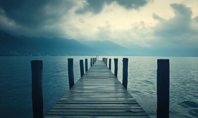 Misty Lakeside Pier And Mountains At Dawn