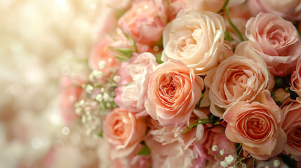 Obraz premium Beautiful bouquet of soft pink roses with delicate bokeh background