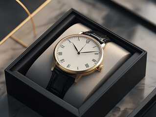 Naklejka premium A gold and black watch is displayed in a box 