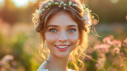 Beautiful smiling bride in a floral garden with soft bokeh background