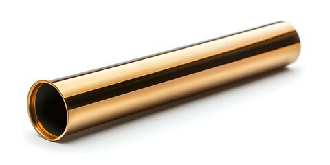 Fototapeta premium A shiny brass pipe with a warm golden hue is isolated on a white background. The diagonal composition in the product photograph highlights its reflective metallic surface and minimalist design.