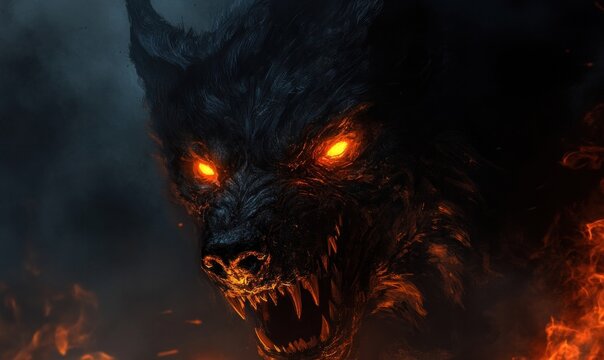 Fierce Fiery Wolf with Glowing Eyes in Dark Atmosphere