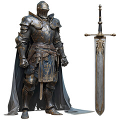 Fototapeta premium A detailed medieval knight in ornate armor stands beside a large sword, exuding strength and valor against a black backdrop.