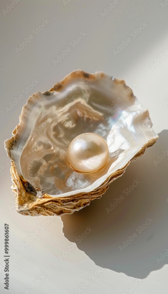 Aufkleber a beautiful pearl resting inside an open oyster shell on a light background the shell features natur