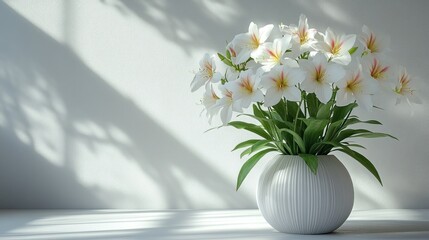 A serene arrangement of white flowers in a modern vase.