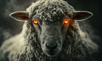Fiery-eyed sheep in dark, smoky background
