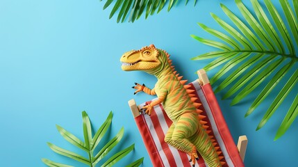 Top view lazy relaxed dinosaur sitting in beach chair on blue background