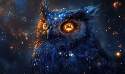 Majestic Cosmic Owl with Glowing Eyes in Space