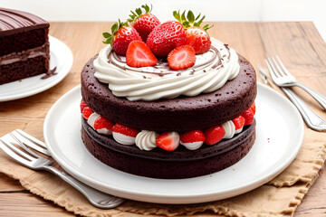 Chocolate cake with syrup and strawberries is great for celebrating special occasions.