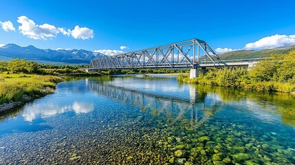 Bridge over a clear river with blue skies and lush greenery surrounding it.