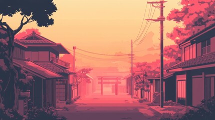 A Narrow, Quiet Street in a Japanese Town at Dusk