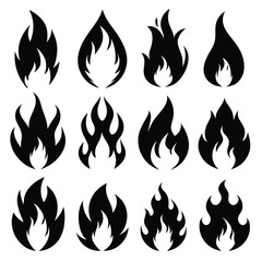 Black Silhouette Fire Flame Vector Set, Black Flame Silhouette Icons for Design.