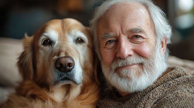 a happy senior man sitting on a sofa indoors with a pet dog at home - Powered by Adobe
