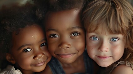 Three children of different races, faces close together