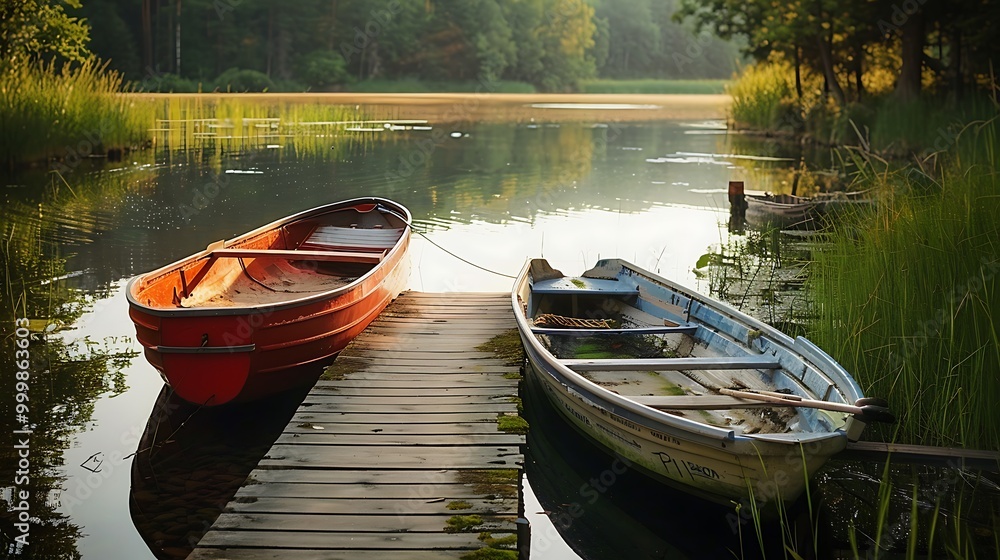 Wall mural two boats pontoon and fishing foot paddle boat