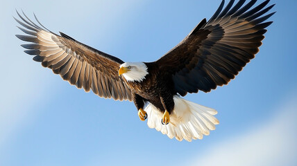 Fototapeta premium Bald Eagle in Flight, Capture a bald eagle soaring against a clear blue sky