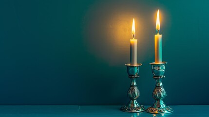 Fototapeta premium Two lit shabbat candles in silver candlesticks on green background