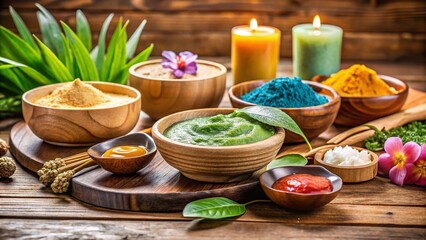 Assorted Natural Skincare Masks for Face and Body Treatment in Spa Setting on Wooden Table