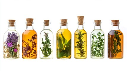 Gourmet Glass Bottles Display: A Beautiful Arrangement of Organic Oils and Herbal Ingredients