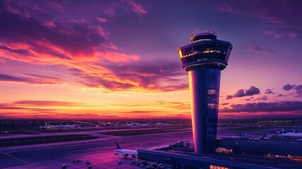 Obraz premium Sunset at Airport Control Tower