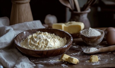 Fototapeta premium Cozy Baking Setup with Flour and Butter on Rustic Table