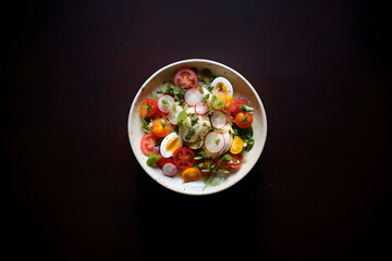 delicious fresh seasonal salad of red and yellow tomatoes, pieces of radish, boiled eggs, soft mozzarella cheese with pesto sauce beautifully arranged in a white bowl in the center of black background