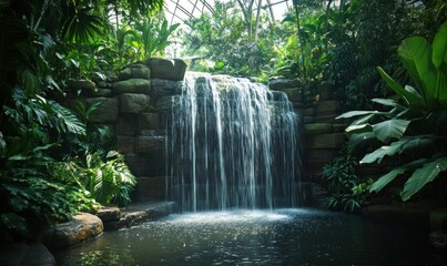 Lush Indoor Waterfall with Cascading Water in Botanical Garden